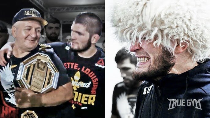 Хабиб Нурмагомедов празднует победу в UFC